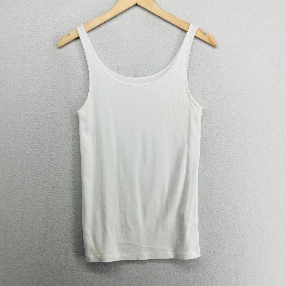 EILEEN FISHER Tank Top M Cami Ribbed Organic Cotton Jersey Slim Scoop Neck White